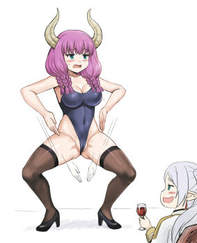 2girls afterimage alcohol aura_(sousou_no_frieren) aura_bullying_(meme) black_leotard blush body_control braid brown_thighhighs cameltoe commentary_request cup demon_horns earrings femdom frieren green_eyes haigure high_heels highleg highleg_leotard holding holding_cup horns hypnosis jewelry leotard meme mind_control motion_lines multiple_girls open_mouth pointy_ears purple_hair smile sousou_no_frieren spread_legs sweatdrop thighhighs wine y.ssanoha