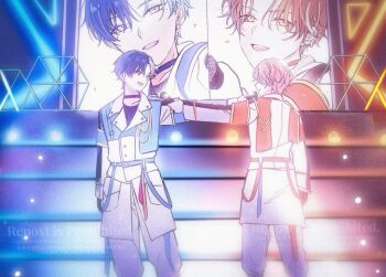 2boys aoyagi_touya black_choker blue_light choker commentary_request ggmimigi grey_eyes holding holding_microphone looking_at_another microphone mole mole_under_eye multicolored_hair multiple_boys open_mouth orange_hair project_sekai shinonome_akito smile stage standing teeth