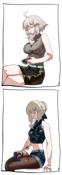 2girls absurdres ahoge artoria_pendragon_(fate) bad_id bad_pixiv_id blush breast_conscious breasts brown_eyes brown_legwear club3 controller crossed_legs drink drinking_straw failure fate/grand_order fate_(series) game_controller hair_bun highres jeanne_d'arc_(fate) jeanne_d'arc_alter_(avenger)_(fate) jeanne_d'arc_alter_(fate) large_breasts light_brown_hair midriff mouth_hold multiple_girls pantyhose pencil_skirt playing_video_games ribbed_shirt saber_alter shiny_clothes shirt short_hair short_shorts shorts silver_hair single_hair_bun sitting skirt sleeveless sleeveless_shirt spill tears turtleneck