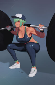 1girl abs absurdres barbell baseball_cap breasts cleavage dark-skinned_female dark_skin dgk exercising gloves green_hair grin hat highres large_breasts last_origin looking_at_viewer mighty_r muscular navel red_eyes shoes short_hair simple_background skin_tight smile sneakers solo spandex sports_bra squatting strong sweat tan toned weightlifting weights