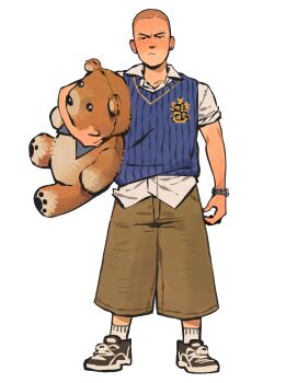 1boy arm_at_side bald blue_vest blush brown_pants brown_shoes bullworth_academy_school_uniform bully_(game) closed_eyes closed_mouth collared_shirt commentary freckles full_body highres holding holding_stuffed_toy jimmy_hopkins kunnuscumnus large_teddy_bear light_frown looking_at_viewer male_focus pants school_uniform shirt shoes simple_background socks solo standing stuffed_animal stuffed_toy sweater_vest symbol-only_commentary teddy_bear vest watch white_background white_shirt white_socks wristwatch