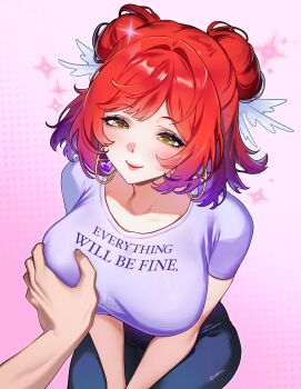 1girl black_pants clothes_writing collarbone commentary double_bun earrings elle_(vtuber) gold_earrings grabbing_another's_breast groping hair_bun head_wings highres hoop_earrings indie_virtual_youtuber jewelry lips pants purple_shirt red_hair sakichka shadow shirt sitting symbol-only_commentary twitter_username virtual_youtuber white_wings wings yellow_eyes