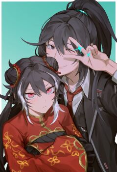 1boy 1girl androgynous aqua_background black_hair black_jacket blush border brother_and_sister chinese_clothes closed_mouth collared_shirt commentary double_bun gradient_background hair_bun high_ponytail highres hong_lu_(project_moon) jacket jia_xichun_(project_moon) lcb_uniform_(project_moon) limbus_company looking_at_viewer multicolored_hair necktie one_eye_closed outside_border ponytail project_moon red_eyes red_necktie shirt siblings smile streaked_hair tachinami two-tone_hair v v_over_eye white_border white_hair white_shirt