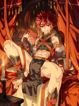 1boy book candle character_request copyright_request fingerless_gloves gloves highres holding holding_book male_focus midriff_peek puddingtiger red_hair solo tagme toeless_legwear