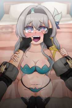 1boy 1girl absurdres ahegao aqua_bra aqua_panties bed black_panties black_thighhighs blue_eyes blurry blurry_background blush bra breasts collarbone el_chasconsito eyelashes feet_out_of_frame finger_in_another&#039;s_mouth firefly_(honkai:_star_rail) grey_hair hands_on_another&#039;s_face hands_up heart heart-shaped_pupils hetero heterochromia highres honkai:_star_rail honkai_(series) indoors large_breasts long_hair looking_at_viewer masochism mihoyo navel open_mouth panties pink_eyes pov pov_hands standing strapless strapless_bra symbol-shaped_pupils tears teeth thighhighs tongue two-tone_panties underwear upper_teeth_only variant_set