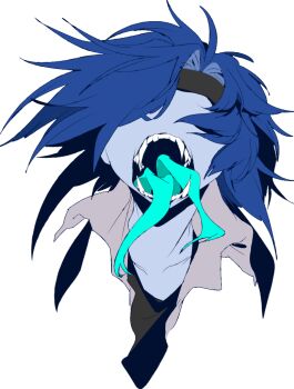 1other alternate_color androgynous aqua_tongue black_headband black_shirt blue_hair blue_skin chinese_commentary colored_skin commentary_request fangs forked_tongue grey_shirt headband kurohebi len&#039;en ling_s multiple_tongues open_clothes open_mouth open_shirt other_focus shirt short_hair simple_background tongue white_background