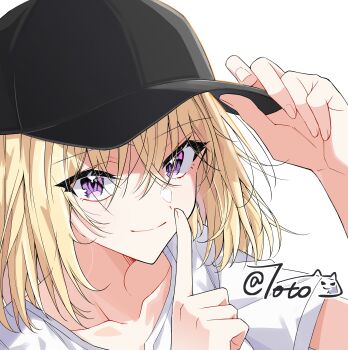 1girl absurdres bang_dream! bang_dream!_it&#039;s_mygo!!!!! baseball_cap black_hat blonde_hair chinese_commentary closed_mouth commentary_request finger_to_mouth hair_between_eyes hanchan540 hat highres looking_at_viewer medium_hair misumi_uika portrait purple_eyes shirt shushing simple_background smile solo white_background white_shirt