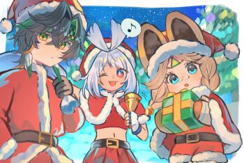 1boy 2girls absurdres belt brown_hair christmas closed_mouth commentary_request cropped_shirt genshin_impact gift hat highres holding holding_sack kachina_(genshin_impact) kinich_(genshin_impact) mualani_(genshin_impact) multiple_girls musical_note nanase_sato one_eye_closed open_mouth sack santa_hat speech_bubble yellow_eyes