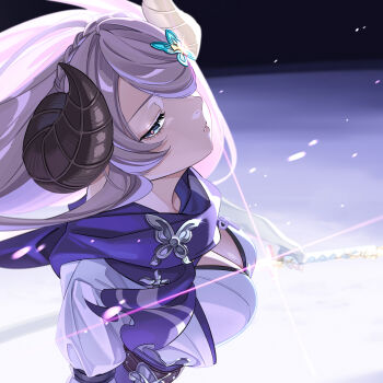 absurdres breasts butterfly_hair_ornament butterfly_ornament cleavage commentary_request curled_horns dark_background draph granblue_fantasy hair_ornament highres holding holding_weapon horns japanese_clothes katana kimono large_breasts long_hair multicolored_eyes narmaya_(granblue_fantasy) one_eye_covered pink_hair purple_scarf ryoyu_(ryoyustarlight) scarf sword two-tone_eyes weapon white_kimono