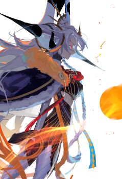 Rule 34 | 1girl, black bodysuit, black cape, bodysuit, cape, fate/grand order, fate (series), floating hair, from side, fur-trimmed cape, fur trim, highres, horns, long hair, midriff, olga marie animusphere, profile, simple background, single horn, solo, u-olga marie, ubwmitekure, vertical-striped bodysuit, white background, white hair, yellow eyes, yellow horns