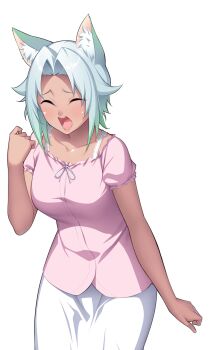 1girl animal_ear_fluff animal_ears blush breasts casual cat_ears cat_girl closed_eyes collarbone cowboy_shot dark-skinned_female dark_skin game_cg gradient_hair green_hair hair_intakes hand_up highres large_variant_set leaning_forward medium_breasts multicolored_hair nanao_(mahaya) non-web_source ochite_iku_seisenshi_lunatic_angels official_art open_mouth pink_shirt shindou_yuki_(lunatic_angels) shirt short_hair short_sleeves simple_background skirt solo standing teeth transparent_background variant_set white_skirt yawning