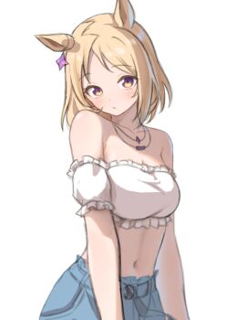 Rule 34 | 1girl, bare shoulders, blonde hair, blue pants, character request, earrings, frilled tube top, frills, highres, jewelry, katuko deluxe, midriff, narita top road (umamusume), navel, off shoulder, official alternate costume, pants, short hair, simple background, single earring, solo, strapless, tube top, umamusume, white background, white tube top, yellow eyes
