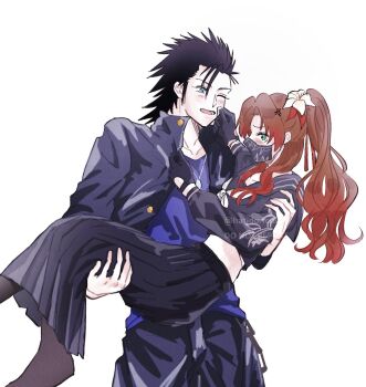 Rule 34 | 1boy, 1girl, aerith gainsborough, aerith gainsborough (midgard seventh high school), bandaid, bandaid on cheek, bandaid on face, black hair, black jacket, black pants, black sailor collar, black serafuku, black skirt, blue eyes, blue shirt, blush, brown hair, carrying, commentary request, couple, delinquent, embarrassed, feet out of frame, final fantasy, final fantasy vii, final fantasy vii: ever crisis, flower, gakuran, gradient hair, green eyes, hair flower, hair ornament, hair ribbon, hatidoricrisp, high ponytail, highres, jacket, jewelry, long hair, mask, mouth mask, multicolored hair, neckerchief, necklace, official alternate costume, one eye closed, open clothes, open jacket, open mouth, pants, ponytail, princess carry, red hair, ribbon, sailor collar, school uniform, serafuku, shirt, short hair, skirt, spiked hair, sukeban, white background, white neckerchief, zack fair, zack fair (midgard seventh high school)