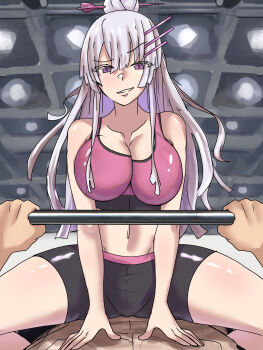 1boy 1girl abs barbell bike_shorts black_bike_shorts black_shorts bra breasts cleavage collarbone ebora exercising eyes_visible_through_hair feet_out_of_frame frolaytia_capistrano grey_hair gym hair_ornament hairpin heavy_object highres kamijou_touma large_breasts long_hair midriff navel pink_bra pink_sports_bra pov purple_eyes shorts smirk smug sports_bra straddling thighs underwear weightlifting