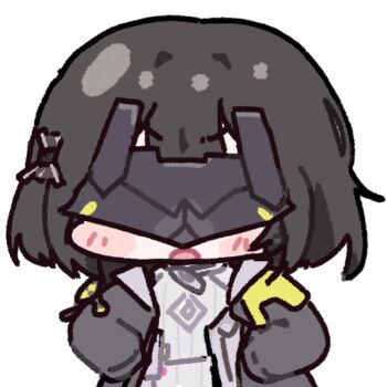 1girl :t angry animated animated_gif arknights arknights:_endfield black_jacket black_mask blush bob_cut center-flap_bangs chibi chibi_only closed_mouth commentary covered_eyes endministrator_(arknights) eye_mask facing_viewer female_endministrator_(arknights) frown hair_ornament hands_on_own_hips jacket long_sleeves looping_animation mask miratsu_(miratsu169) open_clothes open_jacket open_mouth pout puffy_cheeks ribbed_sweater short_hair simple_background solo straight-on sweater symbol-only_commentary upper_body v-shaped_eyebrows white_background white_sweater