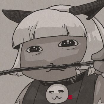 1girl cat_girl catnip collar greyscale minawa108 monochrome ms._fortune_(skullgirls) neck_bell photo-referenced pov pov_hands scar skullgirls solo squinting stick