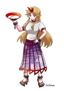 1girl artist_name bad_id bad_twitter_id blonde_hair breasts chain closed_mouth commentary_request cuffs full_body geta hand_on_own_hip horns hoshiguma_yuugi long_hair looking_at_viewer medium_breasts mofumaa oni panties puffy_short_sleeves puffy_sleeves purple_skirt red_eyes red_panties see-through_clothes see-through_skirt shackles shirt short_sleeves single_horn skirt smile solo touhou underwear very_long_hair watermark white_shirt