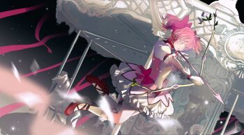 1girl archery arrow_(projectile) biquan_dogger bow bow_(weapon) bubble_skirt carousel choker dark_background drawing_bow dutch_angle floating from_side full_body hair_bow high_heels highres holding holding_bow_(weapon) holding_weapon kaname_madoka magical_girl mahou_shoujo_madoka_magica mahou_shoujo_madoka_magica_(anime) miniskirt pink_eyes pink_hair puffy_short_sleeves puffy_sleeves red_choker red_shoes shoes short_hair short_sleeves short_twintails skirt socks solo twintails weapon white_socks