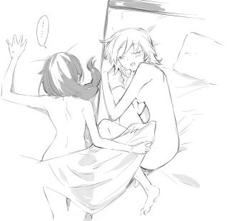 ... 2girls arm_up barefoot bed bed_sheet blush breasts clenched_hands closed_eyes commentary completely_nude daiba_nana face_down fallen_down feet_out_of_frame fetal_position from_above greyscale hair_down hands_up hoshimi_junna knees_up long_hair lying monochrome multiple_girls nude on_bed on_floor on_side on_stomach open_mouth pillow seu_kaname short_hair shoujo_kageki_revue_starlight sketch spoken_ellipsis sweatdrop symbol-only_commentary teeth upper_teeth_only