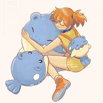 1girl ankle_socks character_backpack closed_eyes gen_3_pokemon highres hug misty_(pokemon) nintendo omochi_(aoi_guruguru) orange_hair orange_shoes pokemon pokemon_(anime) pokemon_(creature) shirt shoes short_hair shorts side_ponytail simple_background smile socks solo spheal watermark yellow_shirt yellow_shorts