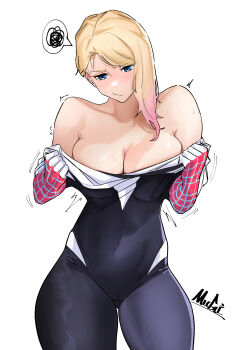 1girl absurdres animification blonde_hair blue_eyes bodysuit bodysuit_pull breasts gradient_hair grey_sports_bra gwen_stacy highres large_breasts long_hair marvel mugi_(mugit49) multicolored_bodysuit multicolored_hair pink_hair pulling_own_clothes spider-gwen spider-man:_into_the_spider-verse spider-man_(series) spider-verse spider_web_print spoken_squiggle sports_bra squiggle superhero_costume two-tone_bodysuit undressing white_background