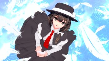 1girl absurdres black_capelet black_hat black_skirt bow brown_eyes brown_hair capelet chinese_commentary collared_shirt commentary falling_feathers feathers from_above hair_between_eyes hair_bow hat hat_bow highres holding holding_feather koikatsu_(medium) long_sleeves looking_up medium_hair owl_(theodora_grayantelope) own_hands_together ripples shirt shirt_tucked_in skirt sleeve_cuffs smile solo touhou usami_renko white_bow white_shirt