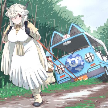 >_< 1boy 1girl animal_ears blush bow breasts brown_eyes brown_hair bucket_hat captain_(kemono_friends) cow_ears cow_girl cow_horns dress extra_ears gloves hair_over_one_eye hat highres horns jacket japari_bus japari_symbol kemono_friends kemono_friends_3 large_breasts long_hair mukouyama_mu open_mouth pulling ribbon rope safari_jacket shirt short_hair short_sleeves smile tail twintails very_long_hair white_hair yak_(kemono_friends)