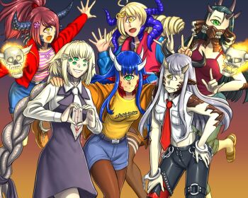 5girls :d ahoge anger_vein annotated birthday black_hair black_horns black_pants blonde_hair blue_hair blue_jacket braid breasts broken_handcuffs brown_pantyhose buckle cacodemon chain closed_mouth clothes_writing commentary cowboy_shot cuffs cyclops denim denim_shorts doom_(series) doom_3 doom_64 doom_i doom_ii dress english_commentary extra_eyes extra_horns extra_mouth fang fire flaming_skull floating_skull flower freedoom gradient_background green_eyes grey_hair grin hair_flower hair_ornament hairclip hand_on_own_hip hand_on_own_thigh handcuffs heart heart_hands horns infinity_symbol jacket jumping long_hair lost_soul_(doom) m/ medium_breasts midriff multicolored_jacket multiple_girls navel necktie one-eyed open_clothes open_jacket open_mouth orange_jacket outstretched_arms pain_elemental pants pantyhose personification pink_shirt pointy_ears ponytail purple_dress purple_horns red_hair red_jacket red_necktie red_shirt sandals scowl sharp_teeth shirt shorts simple_background skull sleeveless sleeveless_shirt smile snap-fit_buckle spaghetti_strap spikes striped_clothes striped_shirt substance20 teeth thighhighs trilobite_(freedoom) two-tone_jacket two-tone_shirt v v-shaped_eyebrows very_long_hair waving white_necktie white_shirt yellow_eyes yellow_shirt