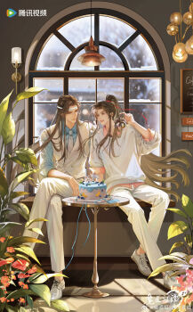 2boys absurdres ahoge alternate_costume birthday_cake blue_ribbon blue_shirt brown_hair cake chandelier character_doll chinese_commentary chinese_text closed_mouth collared_shirt commentary_request contemporary copyright_name couple crossed_legs doll flower food full_body grey_eyes hair_ribbon hand_up headband highres holding holding_doll indoors lan_wangji leaf long_hair looking_at_another male_focus mdzs_official modao_zushi multiple_boys necktie official_art open_mouth pants pink_shirt plant ponytail potted_plant red_flower red_ribbon ribbon shirt shoes sidelocks sitting sleeves_rolled_up smile sneakers snow snowing stuffed_animal stuffed_rabbit stuffed_toy sweater table vase very_long_hair vest wall_lamp watermark wei_wuxian weibo_watermark white_headband white_necktie white_pants white_shoes white_sweater white_vest window yaoi yellow_eyes
