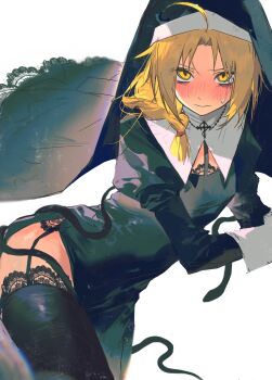 Rule 34 | 1boy, ahoge, alternate costume, black dress, black thighhighs, blonde hair, blush, braid, caley25364498, closed mouth, commentary request, crossdressing, dress, edward elric, fullmetal alchemist, garter straps, hair between eyes, hair over shoulder, highres, jewelry, juliet sleeves, long sleeves, looking at viewer, male focus, necklace, nun, puffy sleeves, simple background, single braid, solo, sweat, thighhighs, trap, white background, yellow eyes