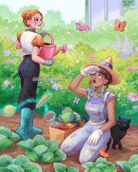 Rule 34 | 2girls, artist name, black cat, black pants, blue overalls, blue shirt, boots, brown hair, bug, bush, butterfly, cabbage, carrot, cat, day, double bun, food, frog, fruit, gardening, gloves, green boots, green gloves, green hair, hair bun, hat, highres, holding, holding watering can, insect, kneeling, lemon, luztapiaart, magic, multicolored hair, multiple girls, one eye closed, orange butterfly, orange hair, orange sleeves, original, outdoors, overalls, pants, peyton (luztapiaart), pink butterfly, puffy short sleeves, puffy sleeves, roya (luztapiaart), rubber boots, shirt, short sleeves, standing, telekinesis, tomato, two-tone hair, watering can, white gloves, white shirt