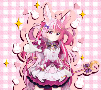 1girl absurdres bell bow closed_mouth commission dress hair_bow hair_ornament hair_ribbon highres chromashift lalabell_lullaby long_hair looking_at_viewer magical_girl moon moon_(ornament) multicolored_hair pink_eyes pink_hair pointing pointing_at_viewer rabbit_ears rabbit_girl reqware ribbon scepter skirt smile solo standing star_(symbol) star_hair_ornament very_long_hair virtual_youtuber