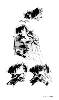 Rule 34 | ..., 2boys, animal print, arm at side, armor, bird print, blunt ends, bridal gauntlets, cape, commentary, covering another's mouth, dated, dual persona, facing down, frilled sleeves, frills, genshin impact, greyscale, hand over another's mouth, head on another's shoulder, highres, japanese armor, japanese clothes, kimono, kote, looking to the side, lower teeth only, monochrome, multiple boys, open mouth, parted bangs, partially shaded face, qiao2121, raised eyebrows, sash, scaramouche (genshin impact), short sleeves, single sode, speech bubble, spoken ellipsis, symbol-only commentary, tearing up, teeth, tsurime, wanderer (genshin impact), white background, wide-eyed