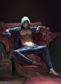1boy abs arms_up barefoot belt black_gloves blood bloody_weapon blue_hoodie blue_pants covering_face dead_by_daylight full_body gloves groin highres holding holding_weapon hood hood_up hoodie knife leaning_back looking_at_viewer male_chest male_focus mask morimemorrison nipples open_clothes open_hoodie pants pectorals sitting solo spread_legs the_legion_(dead_by_daylight) toned toned_male weapon