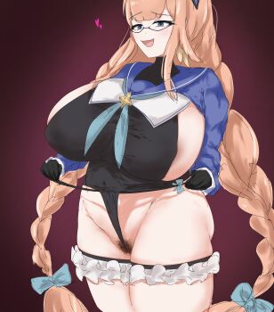 1girl areola_slip black_gloves black_leotard blue_archive blue_bow blue_eyes blue_shrug bow braid breasts female_pubic_hair frilled_thigh_strap glasses gloves hair_bow heart hentai_eikoku_shinshi huge_breasts leotard leotard_pull long_hair open_mouth orange_hair partially_visible_vulva pink_background pubic_hair pubic_hair_peek shimiko_(blue_archive) shimiko_(magical)_(blue_archive) shrug_(clothing) sideboob smile solo standing thigh_strap twin_braids very_long_hair wedgie