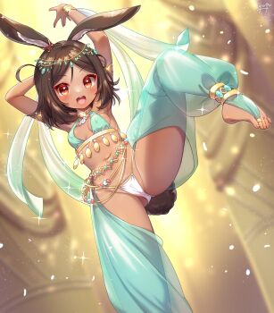 1girl alternate_costume animal_ears armpits arms_up azur_lane bar_censor breasts brown_eyes brown_hair censored commentary_request covered_erect_nipples dancer dancing dark-skinned_female dark_skin harem_outfit harem_pants highres i-26_(azur_lane) jewelry leg_up loli navel open_mouth panties pants rabbit_ears rabbit_tail short_hair small_breasts smile solo standing standing_on_one_leg tail underwear variant_set white_panties yufukiri