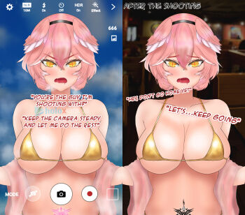 1girl 2koma angry bikini bird black_hair breasts camera comic disrobing drooling eddarxart english_text furrowed_brow gold_bikini hair_between_eyes hairband hawk head_wings highres hololive holox instant_loss large_breasts looking_at_viewer multicolored_hair navel navel_piercing open_mouth piercing pink_hair pubic_tattoo recording robe sexually_suggestive steam steaming_body streaked_hair swimsuit symbol-shaped_pupils takane_lui talking tattoo undressing user_interface viewfinder virtual_youtuber white_hair wings yellow_bikini yellow_eyes