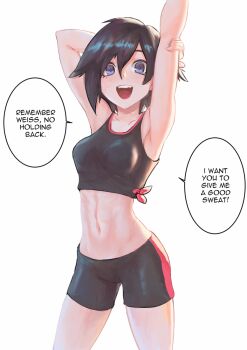 1girl armpits arms_up arqa backlighting bike_shorts black_hair breasts commission cowboy_shot english_text fang female_focus grey_eyes looking_at_viewer midriff open_mouth ruby_rose rwby short_hair simple_background small_breasts solo sports_bra standing stomach stretching toned white_background