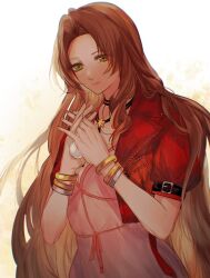 Rule 34 | 1girl, aerith gainsborough, ball, bangle, bracelet, breasts, brown hair, choker, cleavage, cropped jacket, dress, final fantasy, final fantasy vii, final fantasy vii rebirth, final fantasy vii remake, flower choker, green eyes, holding, holding ball, jacket, jewelry, light smile, long hair, looking at viewer, materia, medium breasts, own hands clasped, own hands together, parted bangs, pink dress, red jacket, sera (serappi), short sleeves, sidelocks, solo, upper body, wavy hair