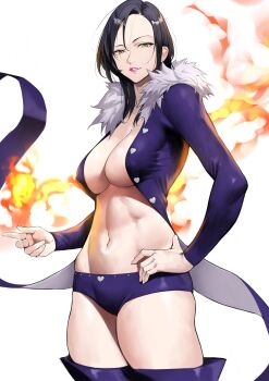1girl absurdres black_hair boots breasts breasts_apart cleavage fire fire fur-trimmed_jacket fur_trim hand_on_own_hip highres jacket large_breasts lipstick long_hair long_sleeves looking_at_viewer makeup merlin_(nanatsu_no_taizai) mole mole_under_eye nanatsu_no_taizai navel parted_lips pink_lips purple_jacket purple_shorts purple_thighhighs pyrokinesis short_shorts shorts smile solo thigh_boots thighhighs white_background yellow_eyes yoshio_(55level)