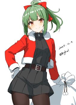 1girl absurdres ahoge belt bigkwl black_pantyhose black_skirt black_sweater blunt_bangs blush bow brown_belt brown_eyes closed_mouth commentary cowboy_shot dated dated_commentary gloves green_hair hair_bow highres jacket kantai_collection long_sleeves looking_at_viewer official_alternate_costume one-hour_drawing_challenge open_clothes open_jacket pantyhose pleated_skirt ponytail red_bow red_jacket sack santa_costume short_hair sidelocks simple_background skirt smile solo sweater twitter_username white_background white_gloves yuubari_(kancolle)