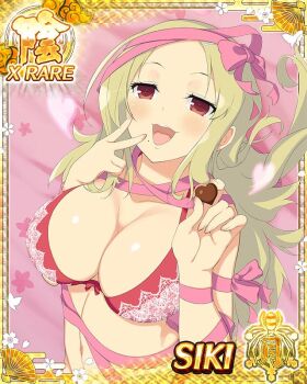 1girl :d :p blonde_hair blush border bra breasts candy card_(medium) character_name chocolate chocolate_heart cleavage food game_cg groin hair_ornament hairclip heart heart-shaped_food holding holding_chocolate holding_food large_breasts long_hair looking_at_viewer lying middle_part mole mole_under_mouth navel official_art on_back open_mouth parted_bangs pink_ribbon red_bra red_eyes ribbon senran_kagura senran_kagura_new_wave sexually_suggestive shiki_(senran_kagura) smile solo teeth third-party_source tongue tongue_out underwear upper_teeth_only v v_over_mouth valentine wrapped_up