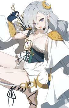 1girl :d arm_up blue_gloves braid brown_sandals commentary copyright_request crescent crescent_hair_ornament dress earrings empty_eyes gloves grey_hair hair_between_eyes hair_ornament highres jewelry long_hair looking_at_viewer open_mouth partially_fingerless_gloves pointy_ears purple_eyes sandals shiwa_(siwaa0419) simple_background smile solo symbol-only_commentary very_long_hair white_background white_dress