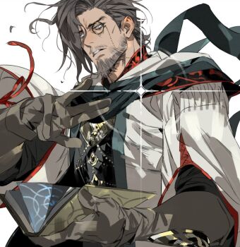 1boy beard black_robe book brown_gloves brown_hair closed_mouth elden_ring elden_ring_nightreign facial_hair genichiro_cute gloves holding holding_book jewelry looking_at_viewer male_focus mature_male medium_hair mustache_stubble open_book robe scholar_(elden_ring) simple_background solo stubble upper_body white_background white_eyes white_robe wide_sleeves