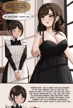 2girls 2koma anger_vein annoyed apron bare_shoulders black_dress blue_eyes blush breasts brown_eyes brown_hair cleavage clenched_teeth closed_eyes comic dress english_text large_breasts long_hair maid maid_apron multiple_girls oeffe_(oeffe_blank) original short_hair swept_bangs teeth