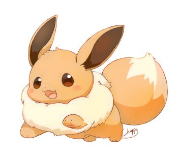 animal_focus blush brown_eyes brown_fur commentary_request eevee fluffy full_body gen_1_pokemon mimix nintendo no_humans open_mouth pokemon pokemon_(creature) pokemon_focus simple_background smile solo tail white_background