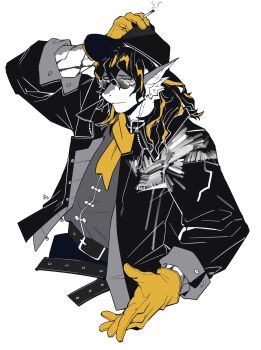 1boy arknights black_hat cigarette dragon_boy fish_boy gloves hat highres holding holding_cigarette korean_commentary lee_(arknights) long_hair looking_at_viewer male_focus monochrome mythological_creature ppyong round_eyewear scarf smoking solo yellow_eyes yellow_gloves yellow_scarf