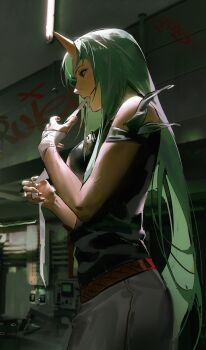 1girl absurdres arknights bandaged_arm bandages belt black_shirt cowboy_shot from_side graffiti green_horns grey_pants highres horns hoshiguma_(arknights) indoors long_hair lyooo_6 mouth_hold pants profile shirt single_horn skin-covered_horns sleeveless sleeveless_shirt solo very_long_hair