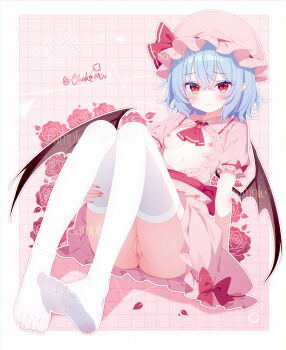 1girl absurdres ascot back_bow bat_wings blue_hair blush bow breasts brooch chinese_commentary cleft_of_venus closed_mouth collared_shirt commentary_request embarrassed flower frilled_shirt_collar frills hair_between_eyes hat hat_ribbon highres jewelry loli looking_at_viewer medium_hair mob_cap nipples no_panties ohako_miyu partially_unbuttoned pink_background pink_bow pink_flower pink_hat pink_rose pink_shirt pink_skirt pointy_ears puffy_short_sleeves puffy_sleeves pussy red_ascot red_eyes remilia_scarlet ribbon rose sample_watermark shirt short_sleeves skirt skirt_bow skirt_set sleeve_bow small_breasts solo thighhighs touhou twitter_username uncensored watermark white_thighhighs wings