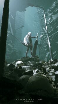 Rule 34 | 1girl, 3d, a2 (nier:automata), android, artist name, ass, bare shoulders, black gloves, blender (medium), breasts, elbow gloves, facing away, from below, full body, gloves, highres, holding, holding sword, holding weapon, joints, lamppost, light rays, long hair, looking at viewer, nier:automata, nier (series), no blindfold, robot joints, robot parts, ruins, scenery, selescha.arts, shadow, skin seams, solo, standing, sword, thighhighs, title, type-4o sword, virtuous contract, weapon, white hair, yorha